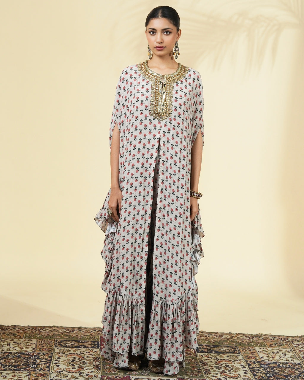 Vintage Rose Butti Print Hand Embroidered Cape Set By KYNAH, Luxury Indian Fashion & Bridal Wear