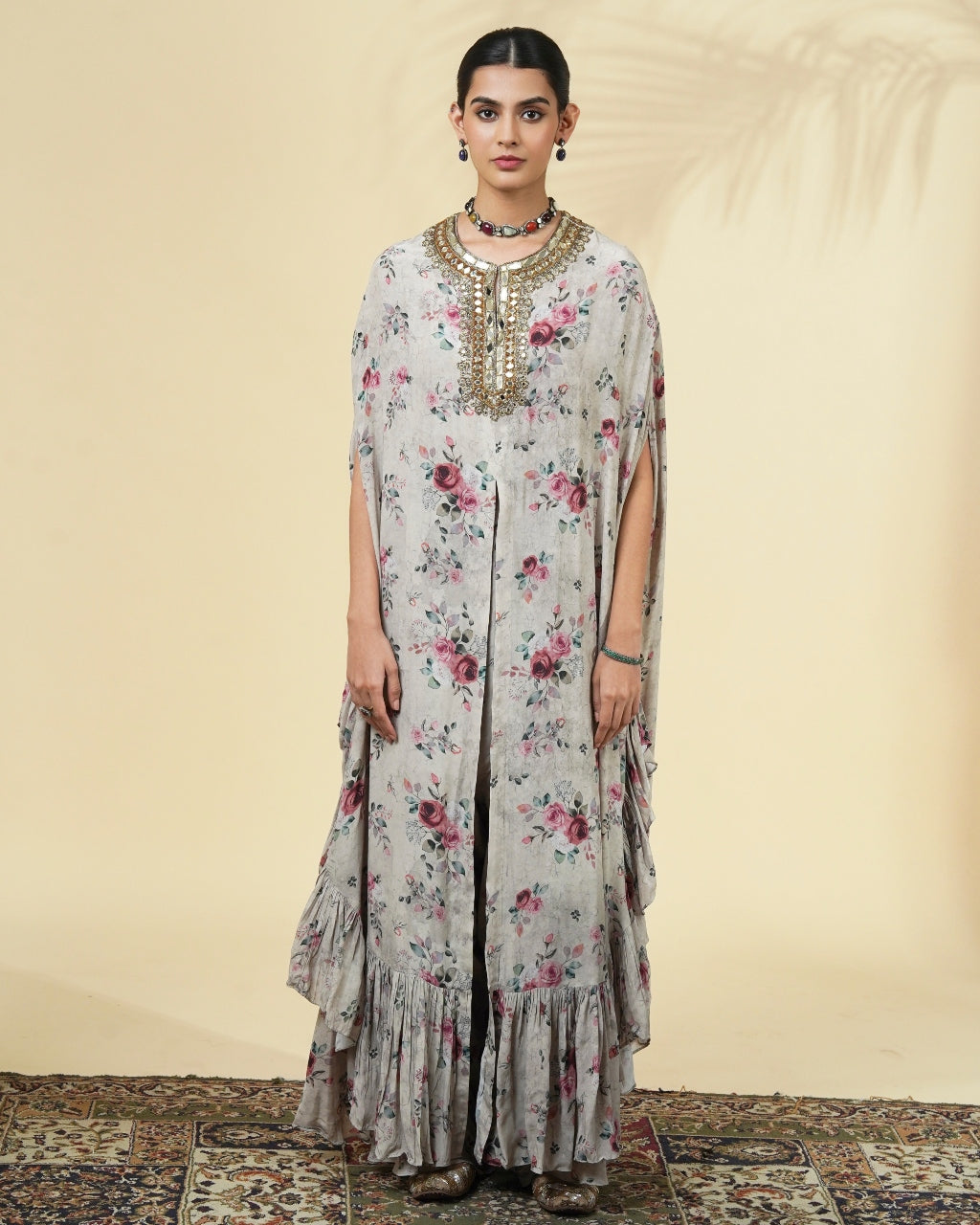 Vintage Rose Print Hand Embroidered Cape Set By KYNAH, Luxury Indian Fashion & Bridal Wear