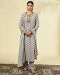 Vintage Rose Butti Print Long Gold Kurta Set By KYNAH, Luxury Indian Fashion & Bridal Wear