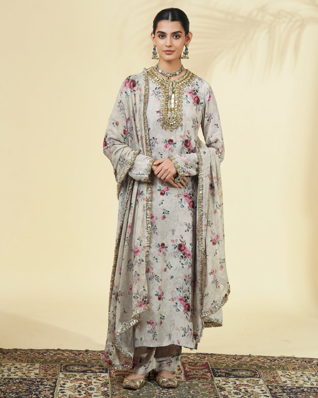 Vintage Rose Print Long Kurta Set By KYNAH, Luxury Indian Fashion & Bridal Wear