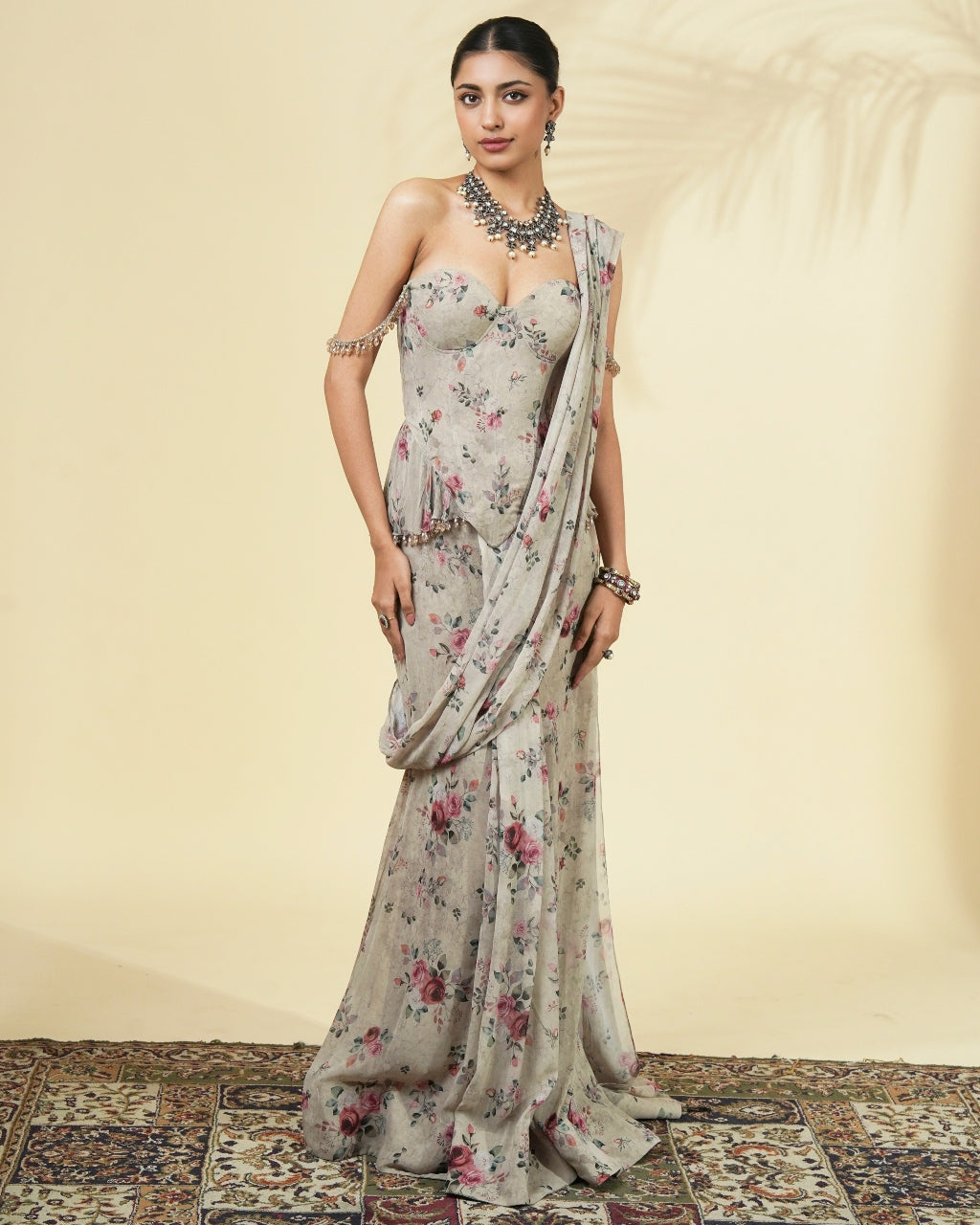 Vintage Rose Print Corset Sari Set By KYNAH, Luxury Indian Fashion & Bridal Wear