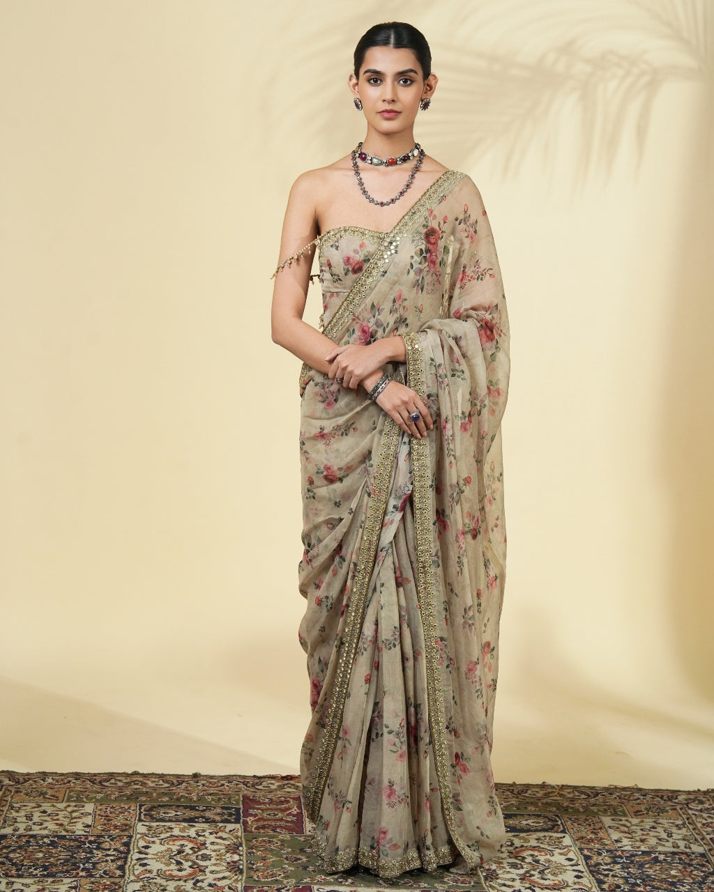 Vintage Rose Print Hand Embroidered Organza Corset Sari Set By KYNAH, Luxury Indian Fashion & Bridal Wear