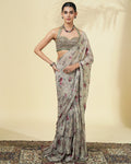 Vintage Rose Print Ruffle Sari Set By KYNAH, Luxury Indian Fashion & Bridal Wear