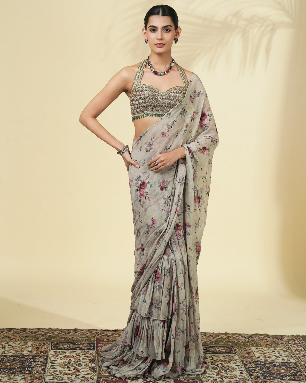 Vintage Rose Print Ruffle Sari Set By KYNAH, Luxury Indian Fashion & Bridal Wear