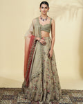 Vintage Rose Print Hand Embroidered Organza Lehenga Set By KYNAH, Luxury Indian Fashion & Bridal Wear