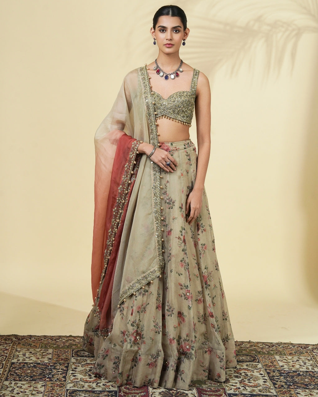 Vintage Rose Print Hand Embroidered Organza Lehenga Set By KYNAH, Luxury Indian Fashion & Bridal Wear
