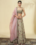 Vintage Rose Print Organza Gold Lehenga Set By KYNAH, Luxury Indian Fashion & Bridal Wear
