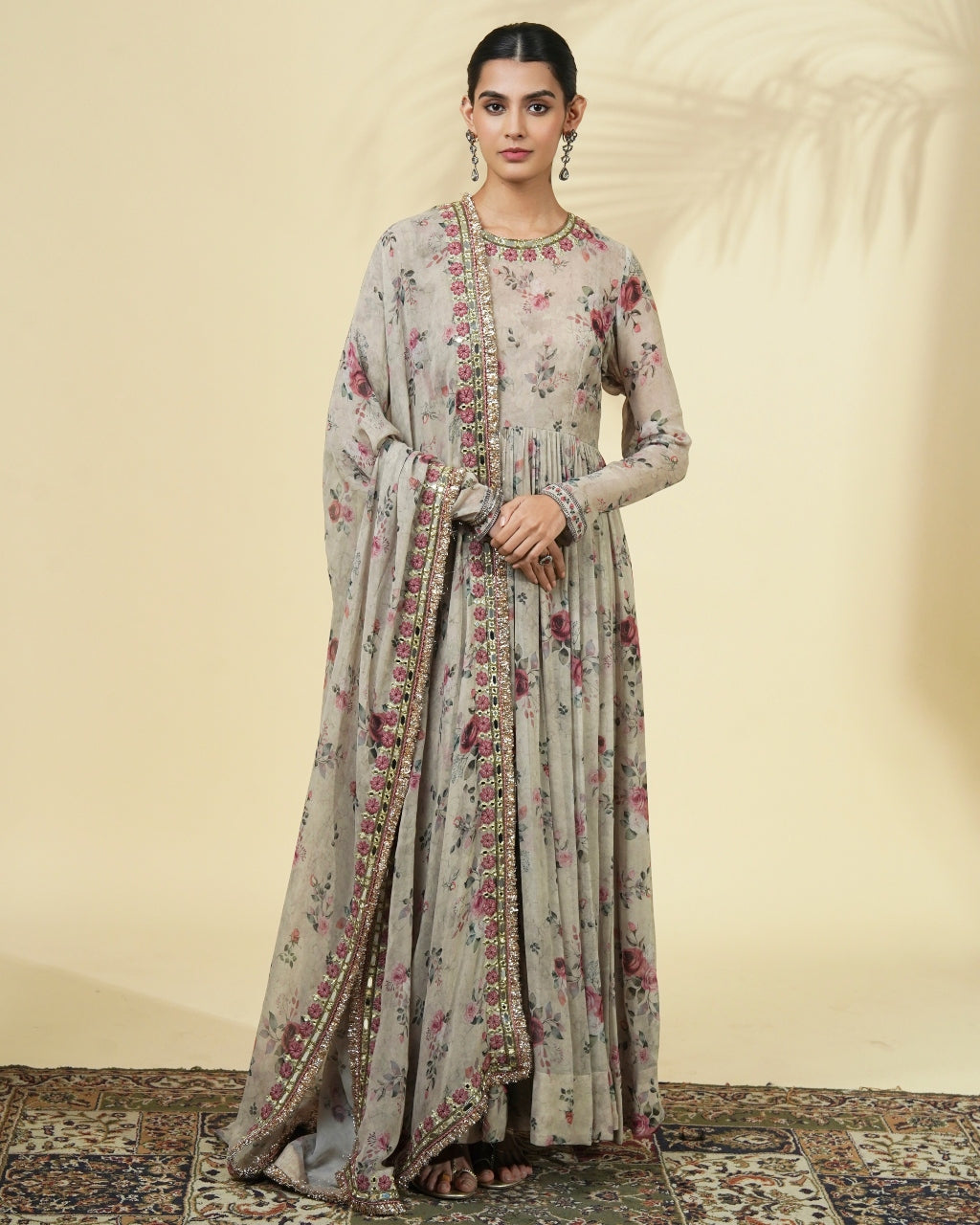 Vintage Rose Print Hand Embroidered Anarkali Set By KYNAH, Luxury Indian Fashion & Bridal Wear