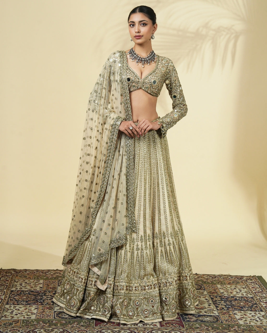 Coconut & Beige Gold Hand Embroidered Lehenga Set By KYNAH, Luxury Indian Fashion & Bridal Wear
