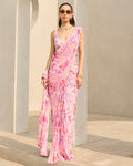 Pink Abstract Floral Printed Sari Set By KYNAH, Luxury Indian Fashion & Bridal Wear