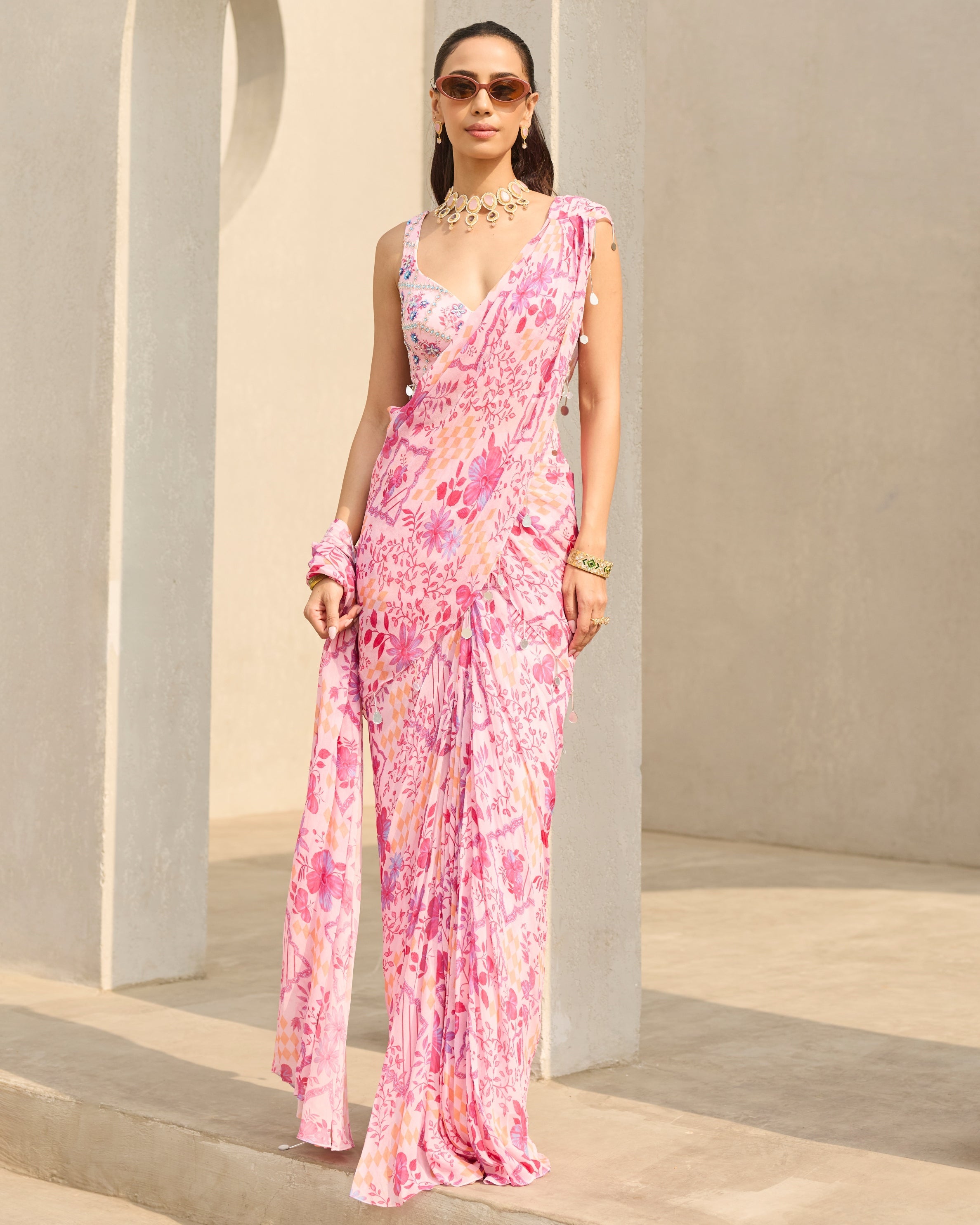 Pink Abstract Floral Printed Sari Set By KYNAH, Luxury Indian Fashion & Bridal Wear