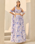 Ivory & Blue Abstract Floral Printed Lehenga Set By KYNAH, Luxury Indian Fashion & Bridal Wear
