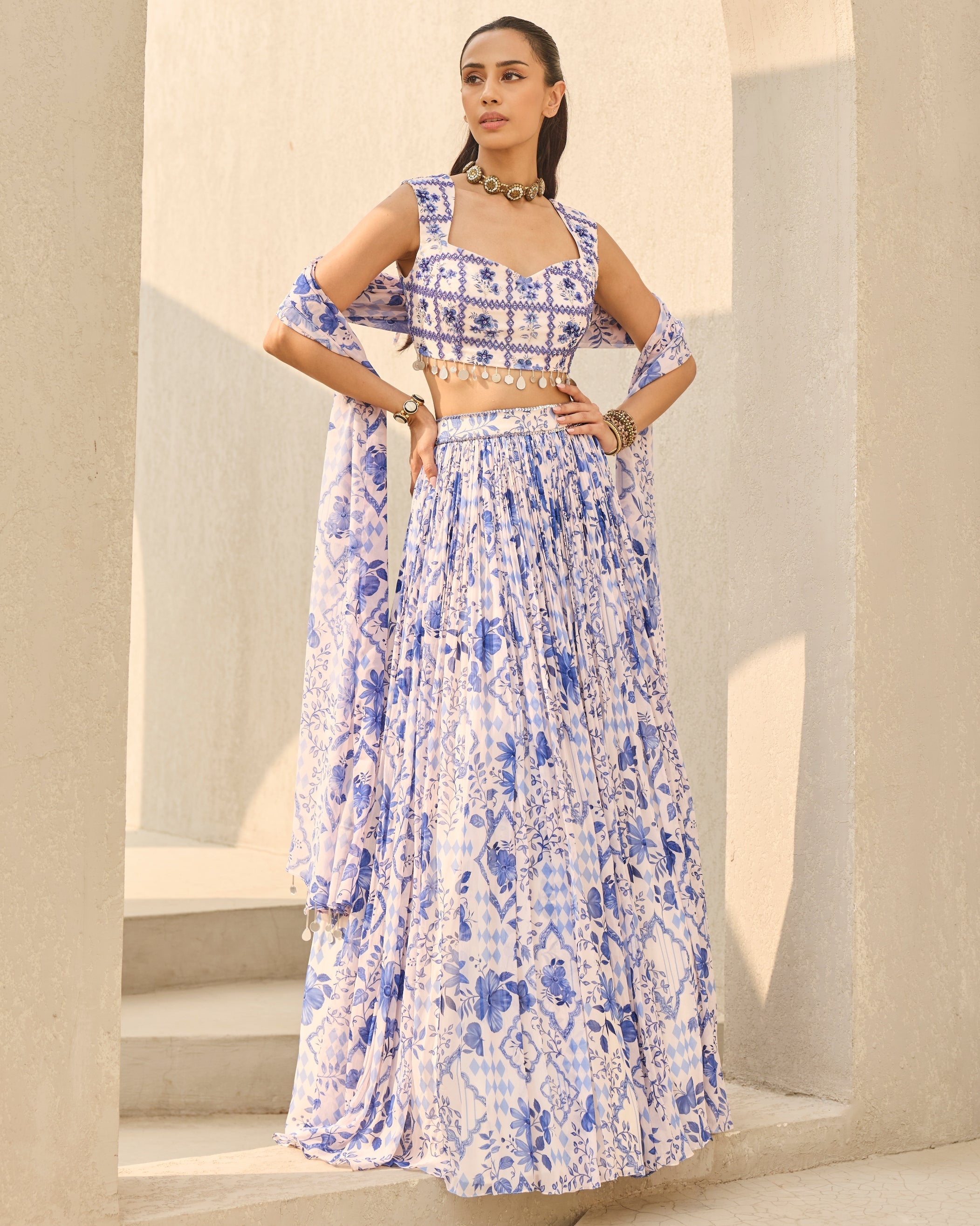 Ivory & Blue Abstract Floral Printed Lehenga Set By KYNAH, Luxury Indian Fashion & Bridal Wear