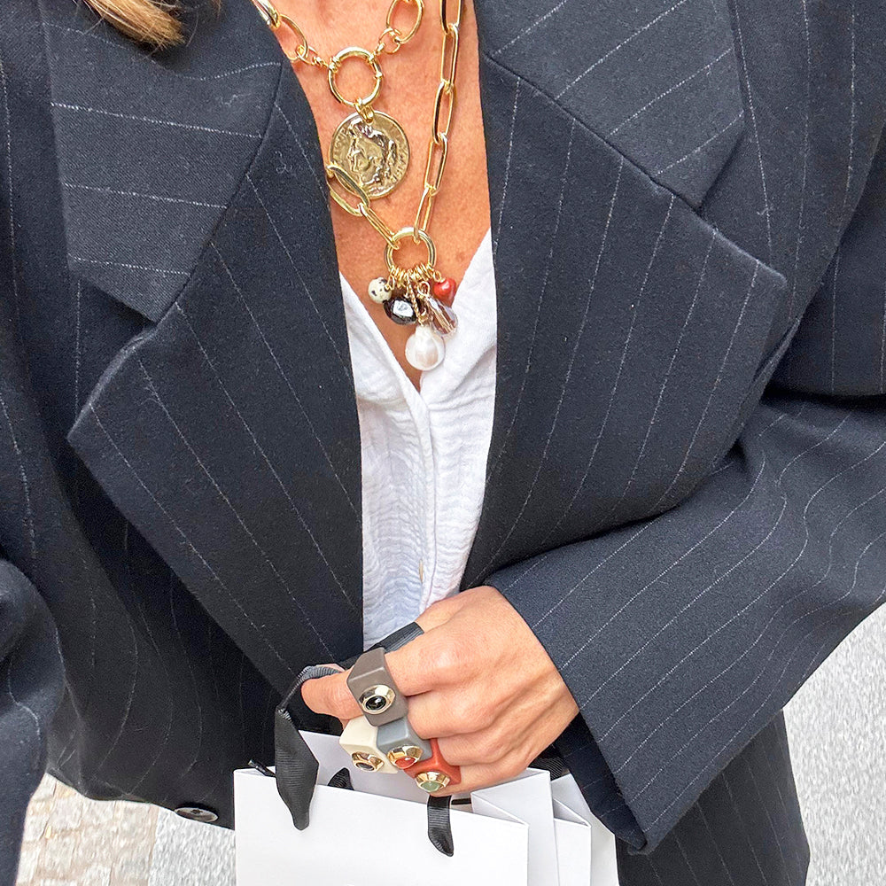 Anillo grande color teja con aventurina