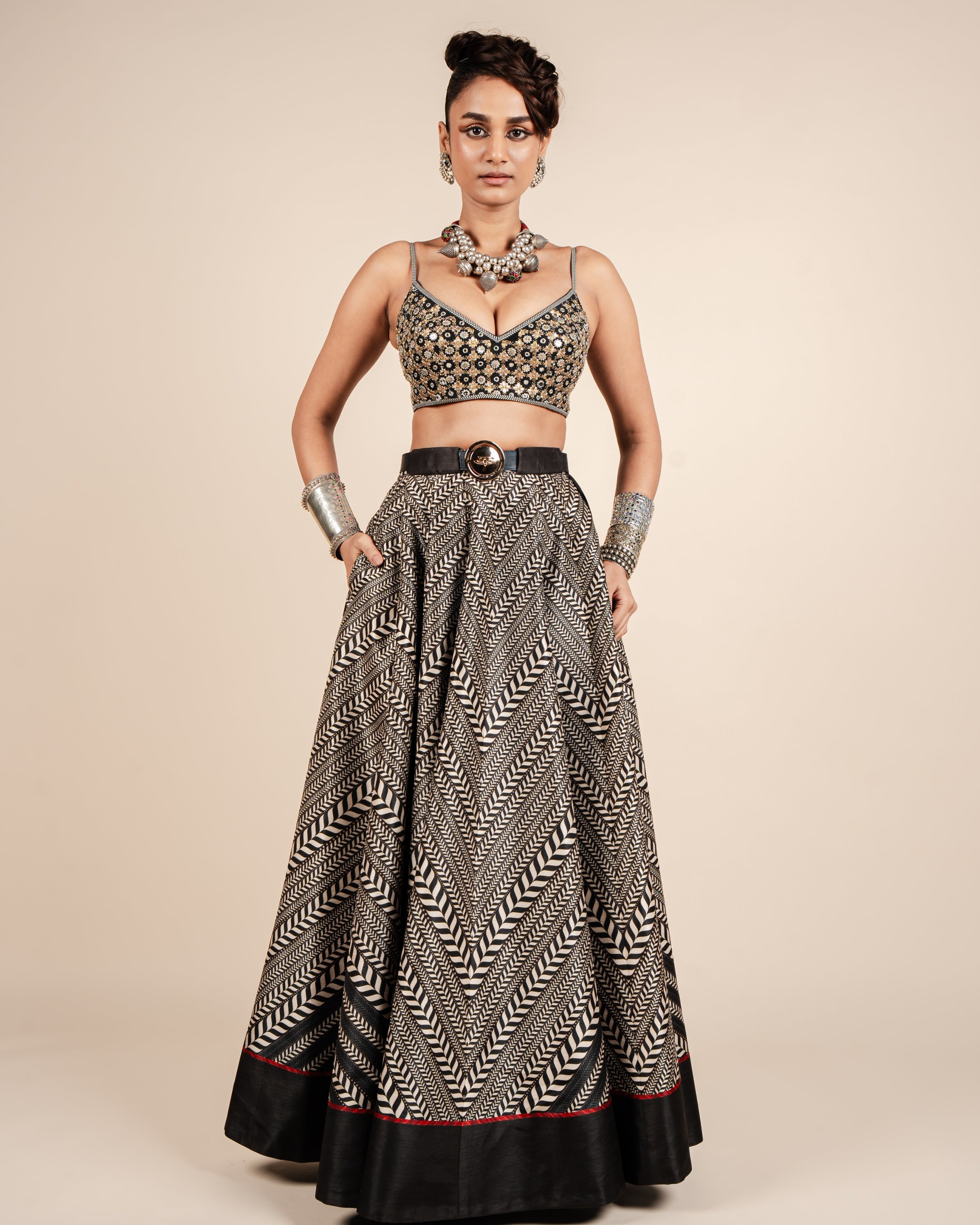 Black & Ivory Chevron Skirt Set By KYNAH, Luxury Indian Fashion & Bridal Wear