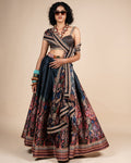 Midnight Blue Floral Print Skirt Set By KYNAH, Luxury Indian Fashion & Bridal Wear