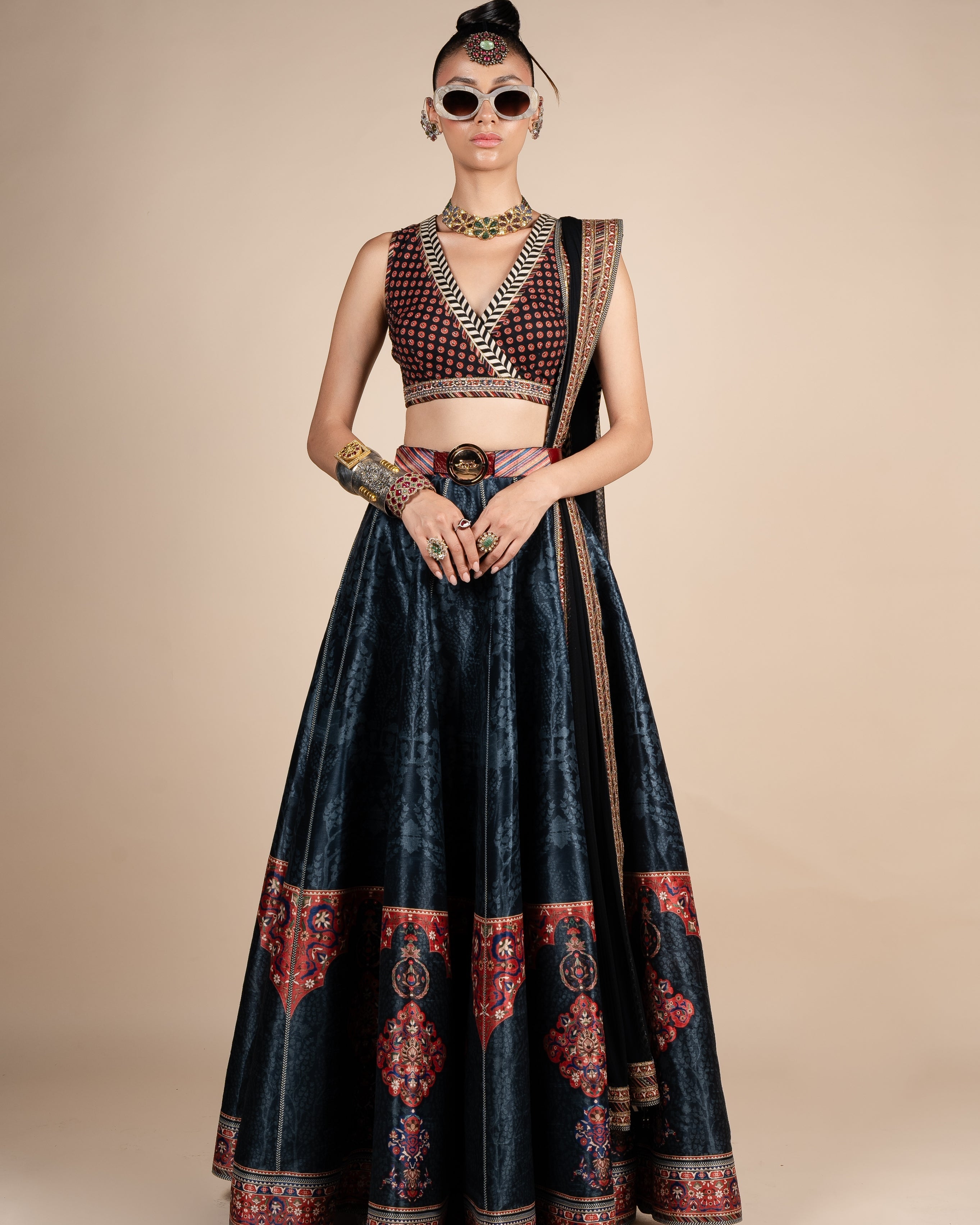 Midnight Blue Tonal Print Skirt Set By KYNAH, Luxury Indian Fashion & Bridal Wear