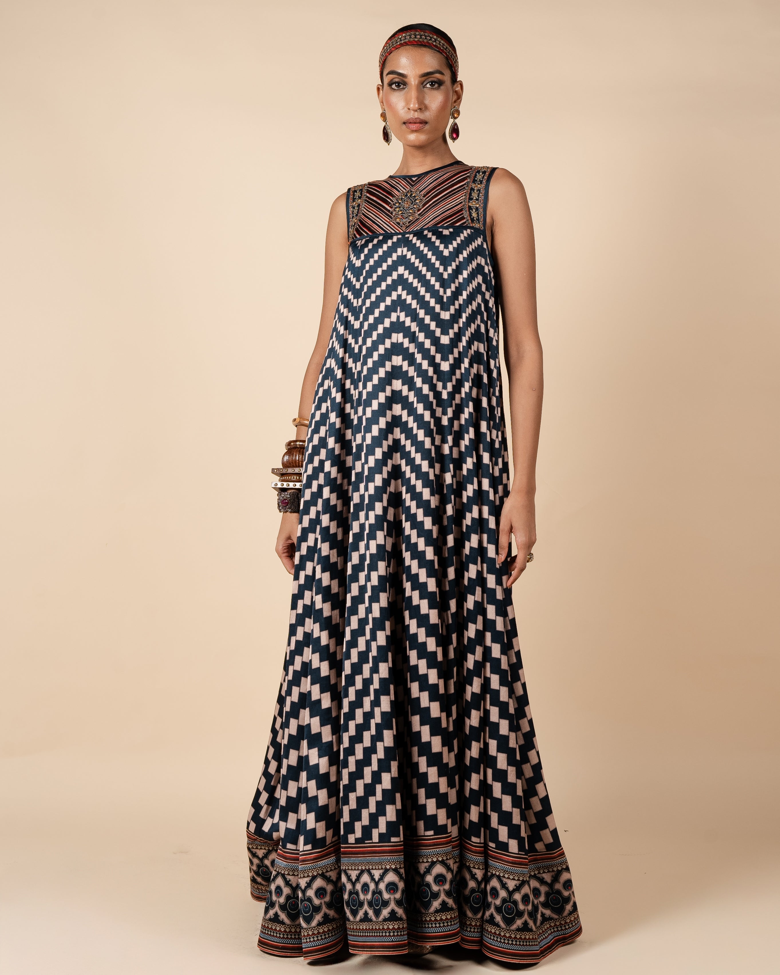 Midnight Blue Printed Anarkali By KYNAH, Luxury Indian Fashion & Bridal Wear
