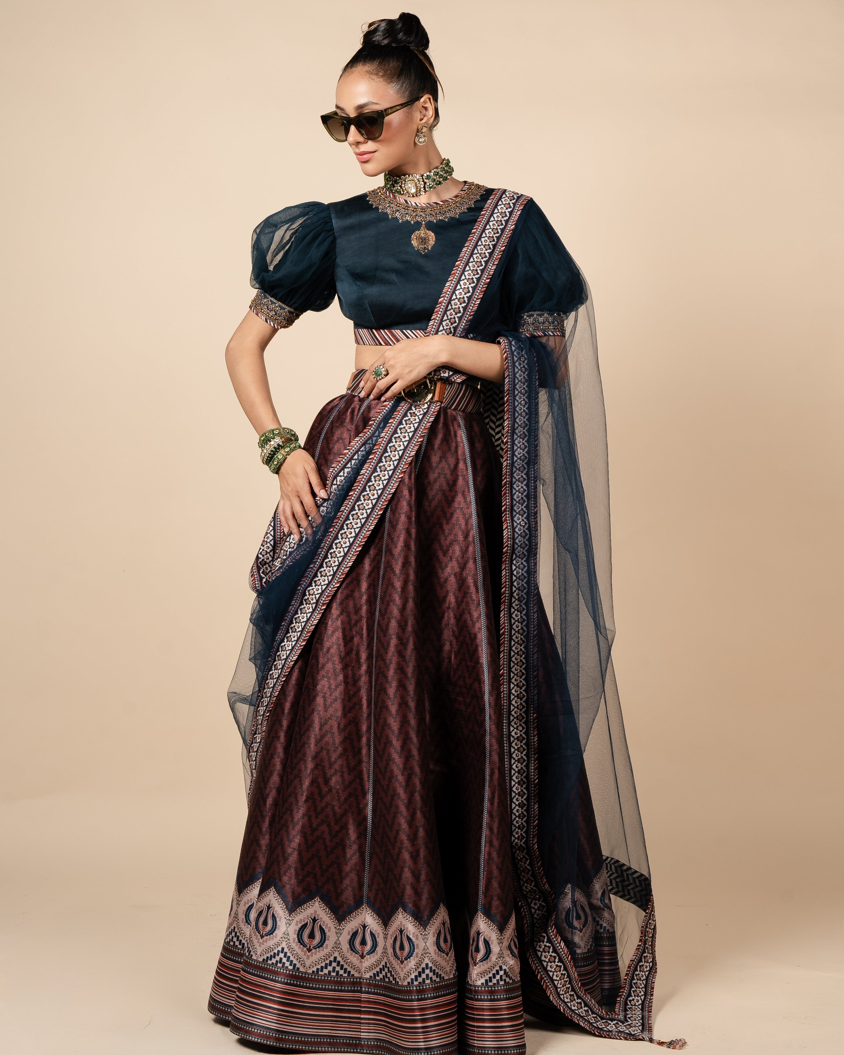 Prussian Blue - Rust Skirt Set By KYNAH, Luxury Indian Fashion & Bridal Wear