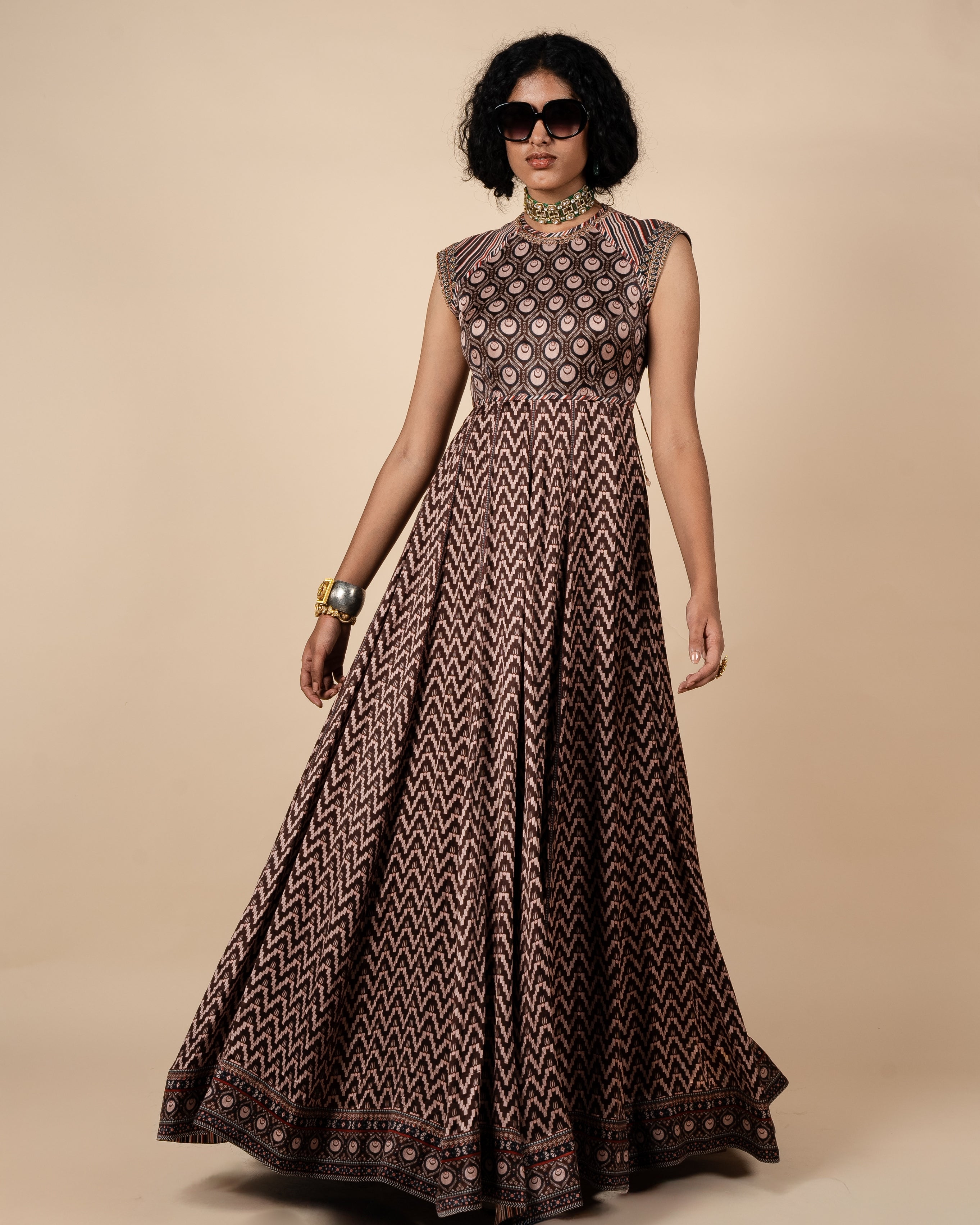 Umber Brown Printed Anarkali By KYNAH, Luxury Indian Fashion & Bridal Wear