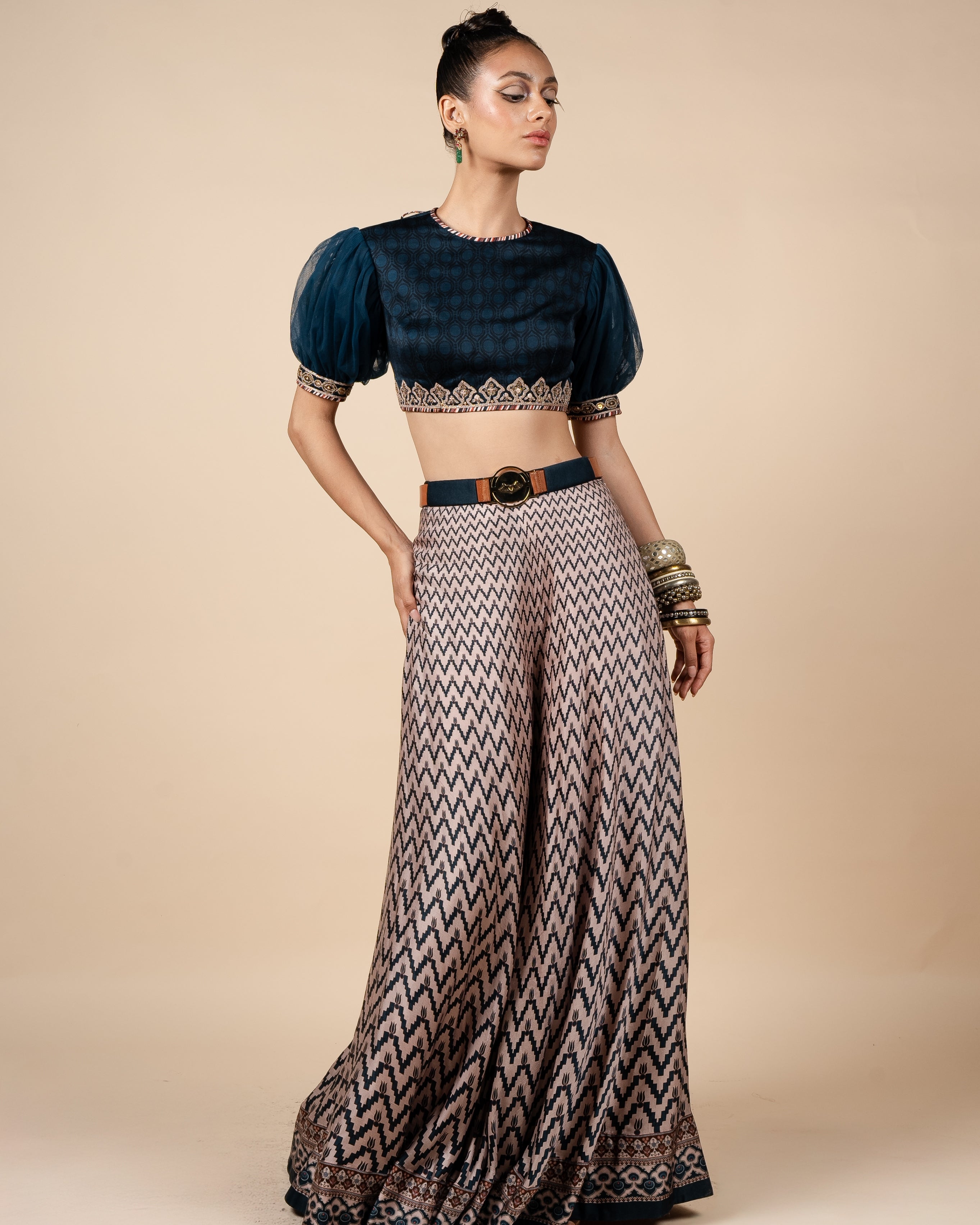 Midnight Blue And Nugrey Sharara Set By KYNAH, Luxury Indian Fashion & Bridal Wear