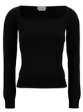 Black Top with Square Neckline in Viscose Blend Woman Polyester Jersey