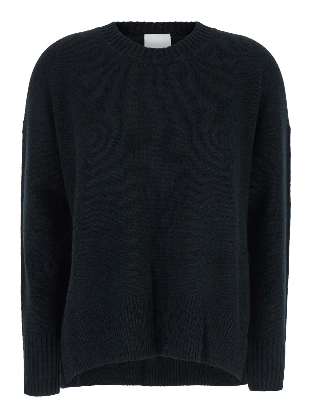 Black Crewneck Sweater with Dropped Shoulders in Cashmere Woman Jersey