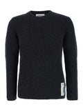Grey Crewneck Sweater with Logo Patch in Ribbed Wool Man Black Virgin Polyamide Elastam Jersey