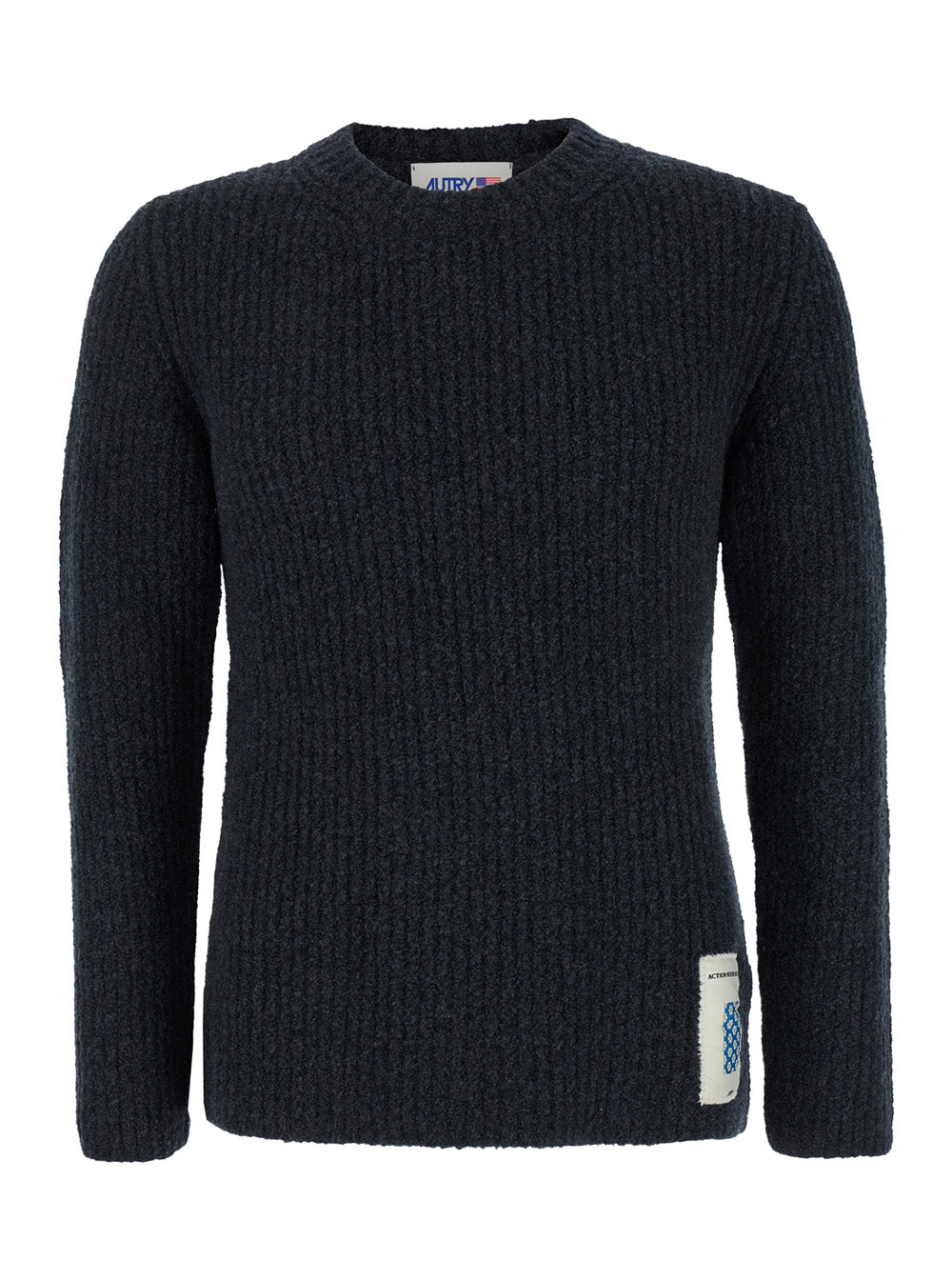 Grey Crewneck Sweater with Logo Patch in Ribbed Wool Man Black Virgin Polyamide Elastam Jersey