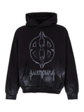 Black Hoodie with Metal BB Stencil Motif in Dirty Effect Cotton Man Sweatshirts