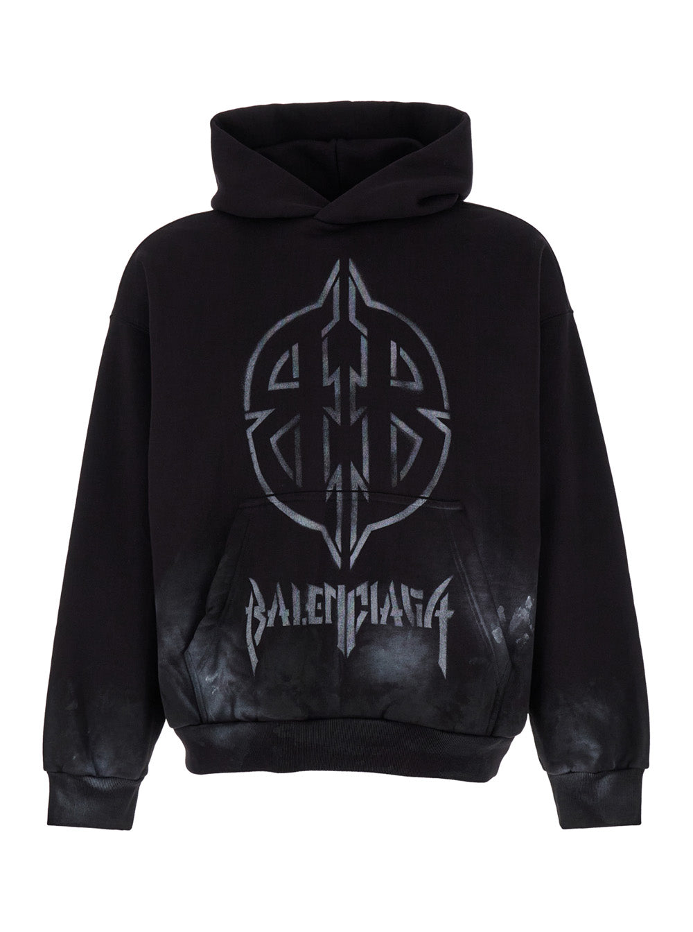 Black Hoodie with Metal BB Stencil Motif in Dirty Effect Cotton Man Sweatshirts