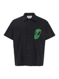 Black Shirt with Classic Collar and Print on the Front in Cotton Man Blouses