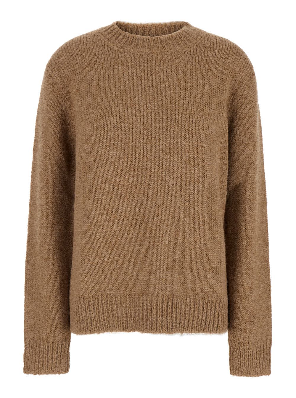Oversized Beige Sweater with Ribbed Trim in Wool Woman Jersey