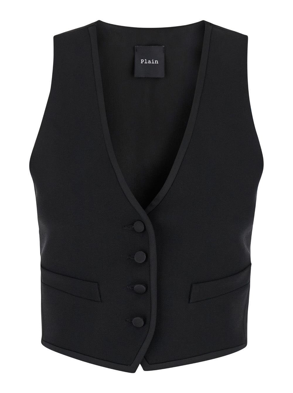 Smoking Black Vest with Covered Buttons in Tech Fabric Woman Blazers