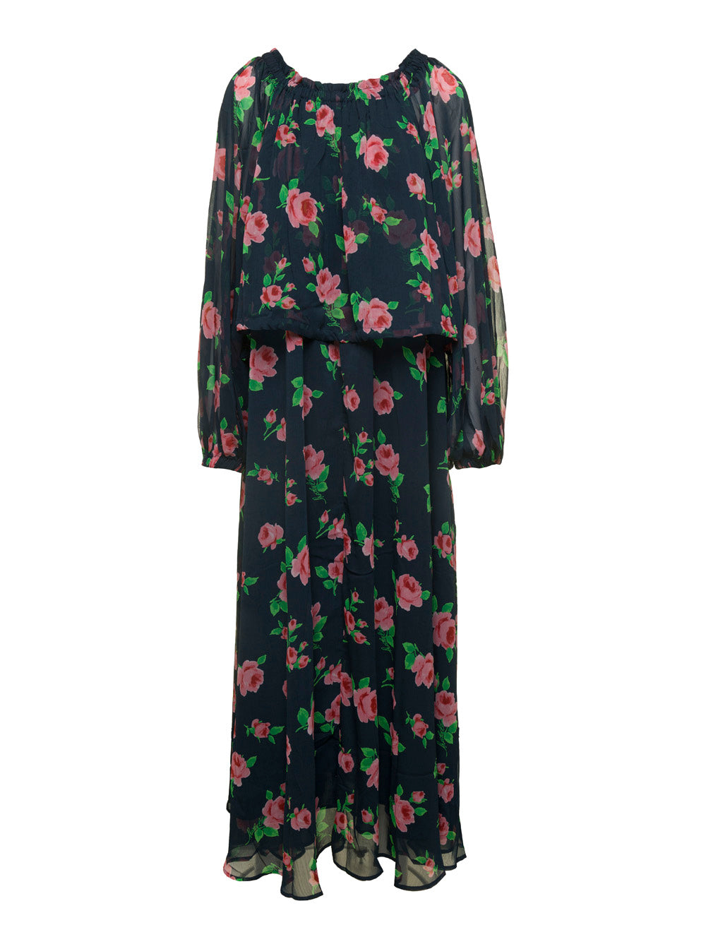 Maxi Multicolor Dress with All-Over Roses Print in Chiffon Woman Recycled Polyester Long