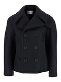 Black Double-Breasted Coat with Classic Wide Revers in Wool Woman Outerwear