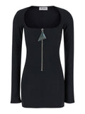 Mini Black Dress with Branded Zip Puller in Tech Fabric Woman Polyester Elastan