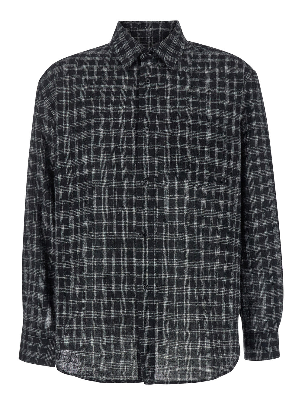 Black Shirt with Check Motif in Wool Blend Man Nylon And Blouses
