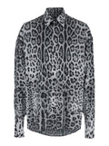 Grey Shirt with Leopard Print All-Over and Logo Lettering in Silk Man Blouses