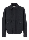 Classic A-2 Grey Jacket with Collar and Front Button Zip Closure in Wool Blend Stretch Man Nylon Spandex Outerwear