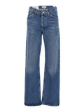 Blue Jeans with Beltl Loops and Logo Patch on the Rear in Denim Woman Blu