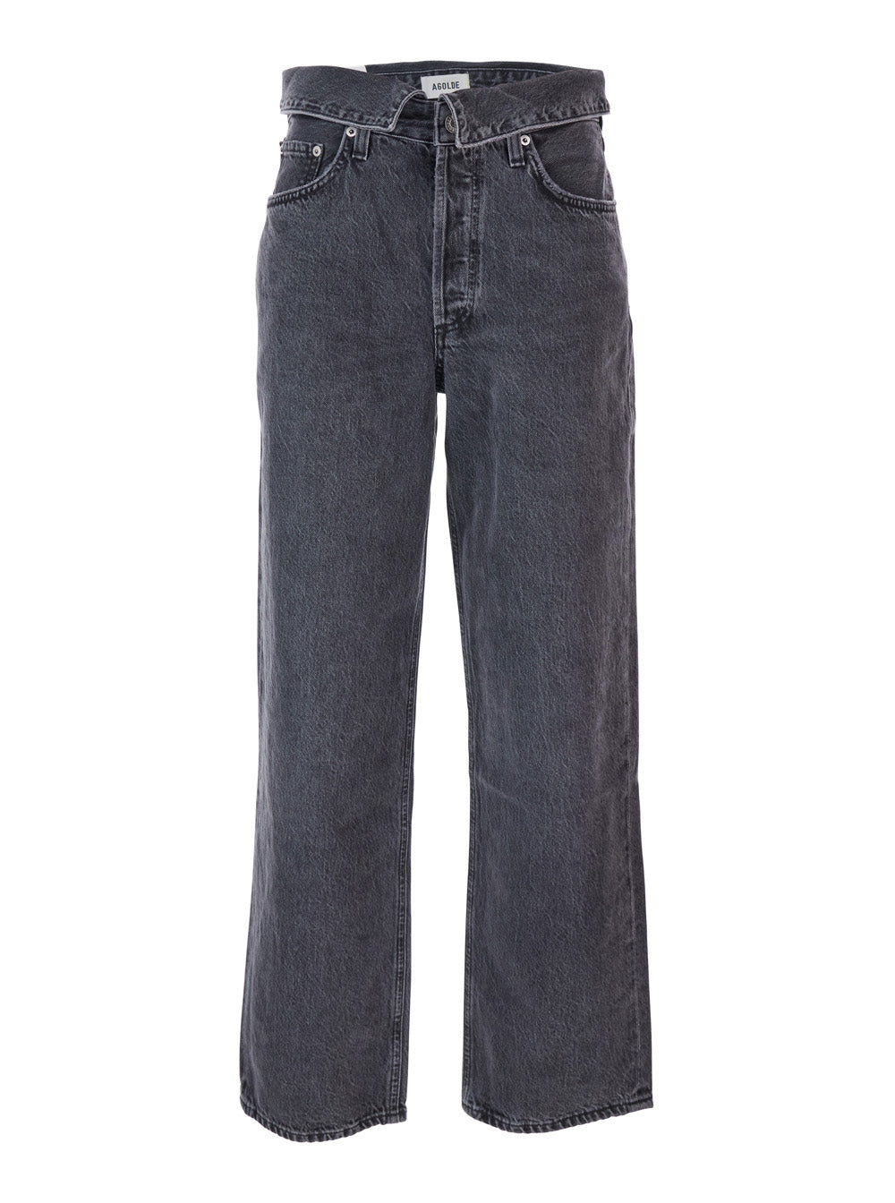 Black Jeans with Front-Fold Design and Logo Patch on the Rear in Denim Woman Cotton