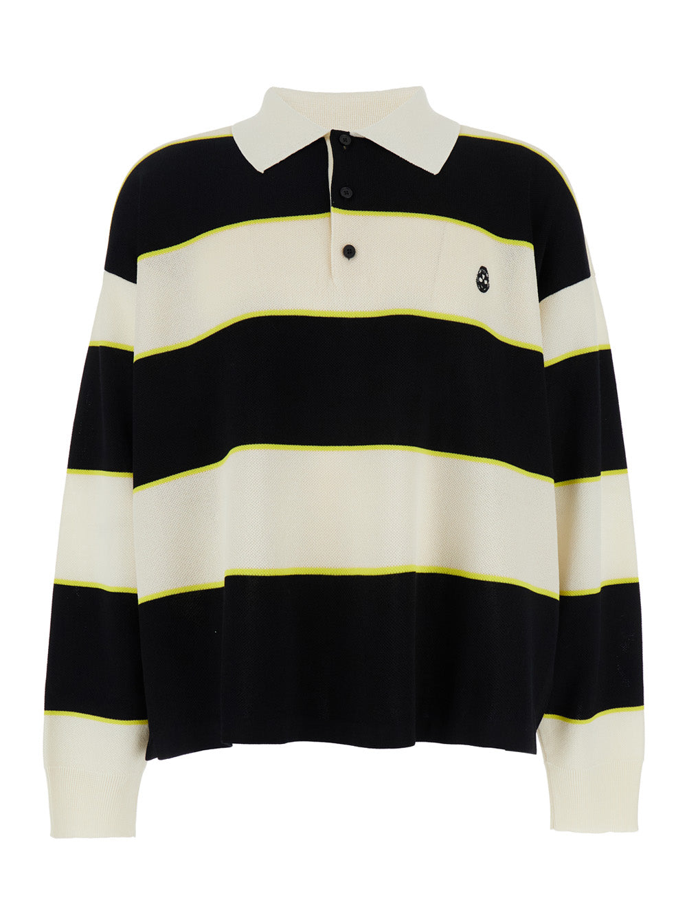 Black and White Long-Sleeve Polo Shirt with Logo Patch on the Front All-Over Striped Motif in Cotton Blend Man White/black Viscose Tshirts
