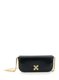 Skull Flower Black Crossbody Bag with Chain-Link Shoulder Strap and Logo Plaque on the Front in Leather Woman Calf