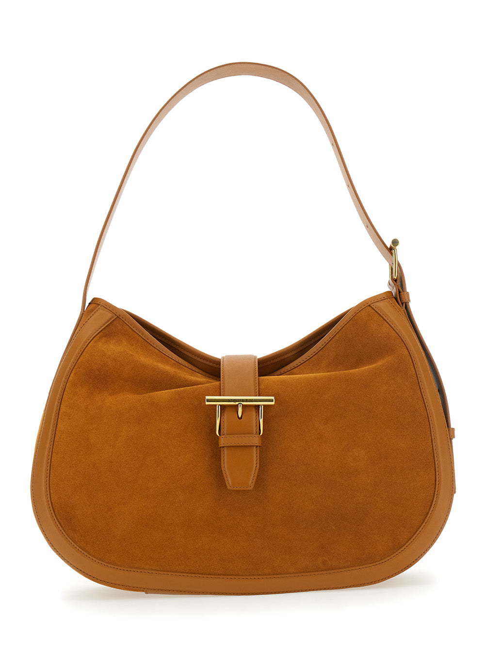 Brown Shoulder Bag with Adjustable Strap and T Buckle Closure on the Front in Suede Woman Calf