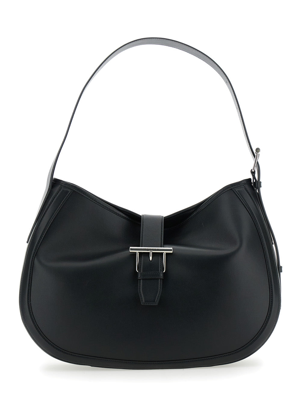 Black Shoulder Bag with Adjustable Strap and T Buckle Closure on the Front in Leather Woman Calf