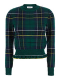 Green Crew Neck Sweater with Tartan Pattern and Fringed Hem in Wool Woman Jersey