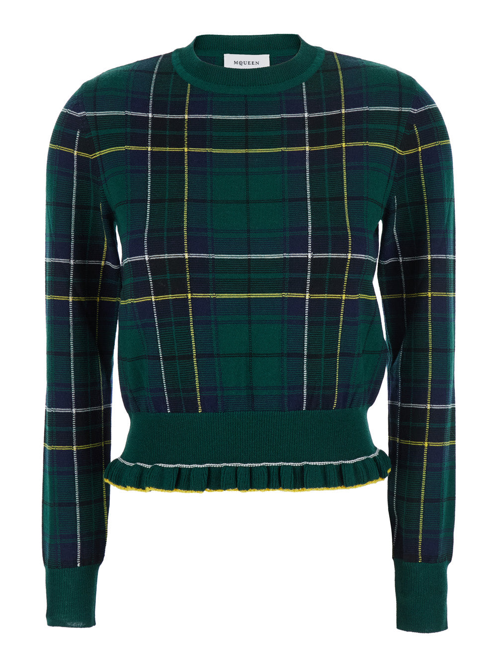 Green Crew Neck Sweater with Tartan Pattern and Fringed Hem in Wool Woman Jersey