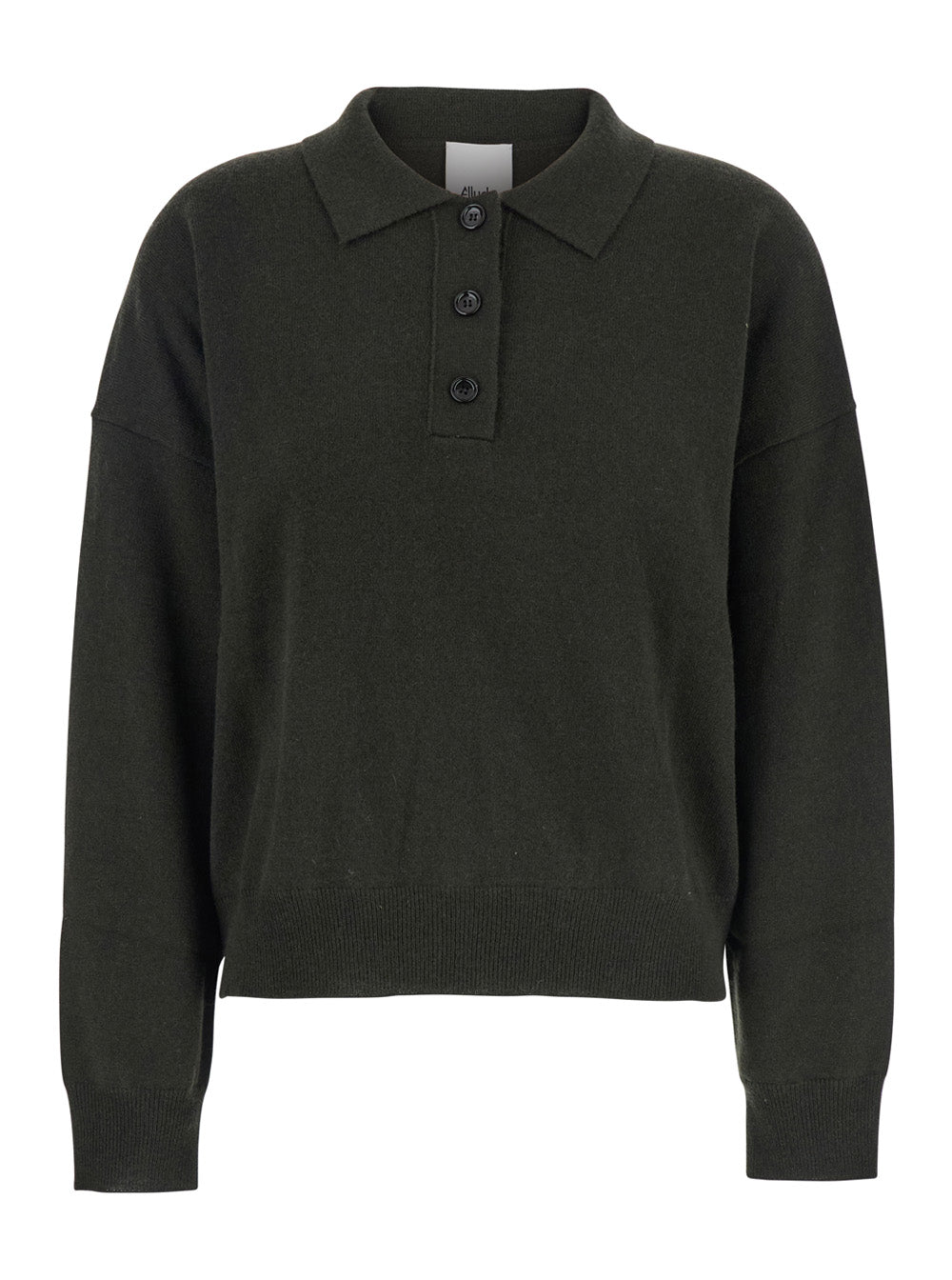 Green Polo Shirt with Classic Collar and Ribbed Trims in Wool Woman Virgin Cashmere Tshirts