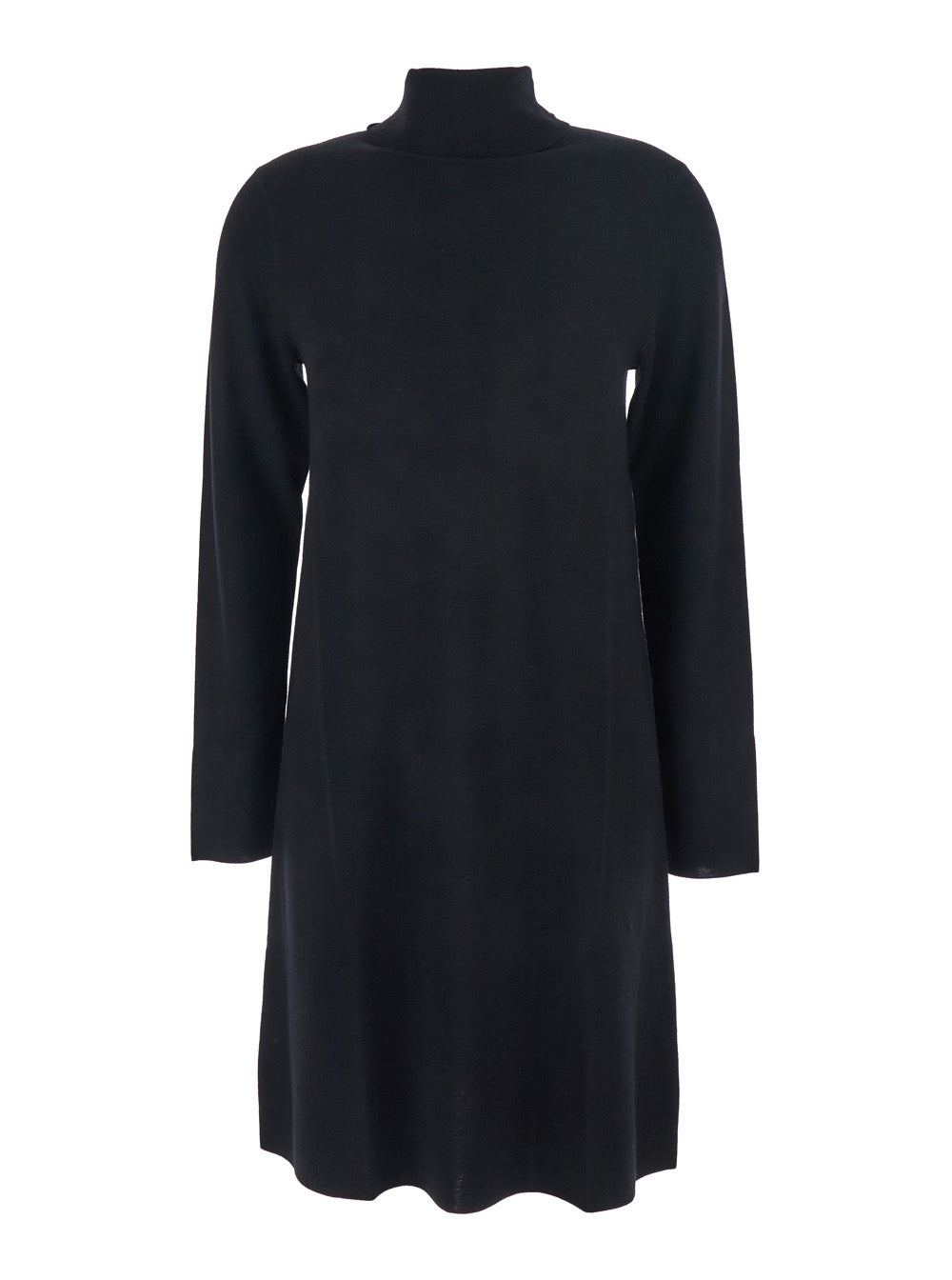 Black Turtneleck Dress with Straight Hem in Wool Woman Virgin